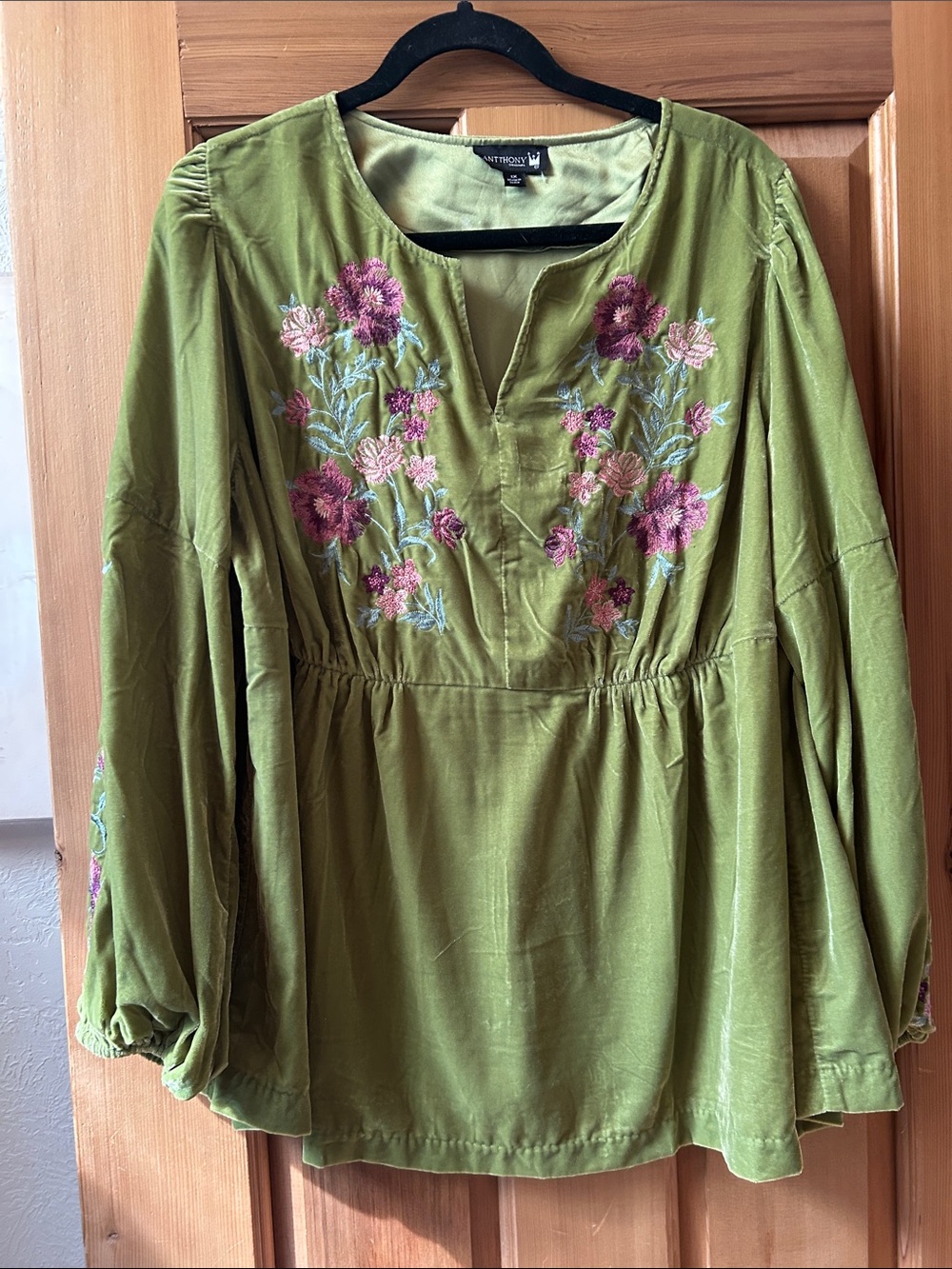 Antthony Olive Green Embroidered Velvet Peasant Tunic